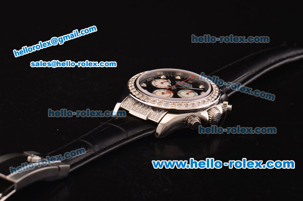 Rolex Daytona Swiss Valjoux 7750-SHG Automatic Diamond Case/Bezel with Black Dial and Black Leather Strap - Click Image to Close